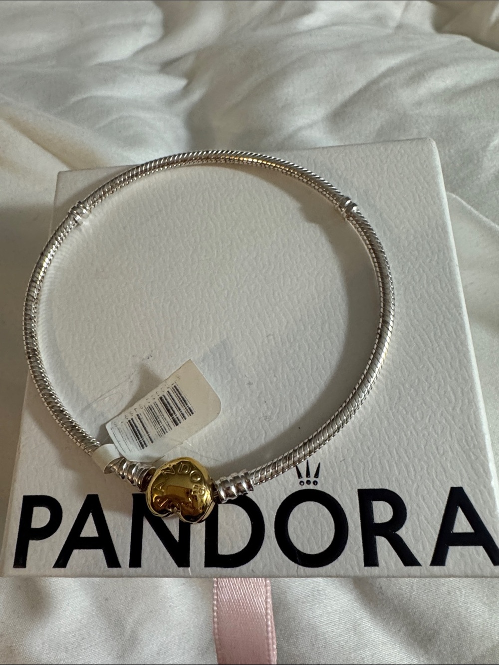 Pandora Two-Tone Silver Snake Chain Bracelet with Gold Heart Clasp